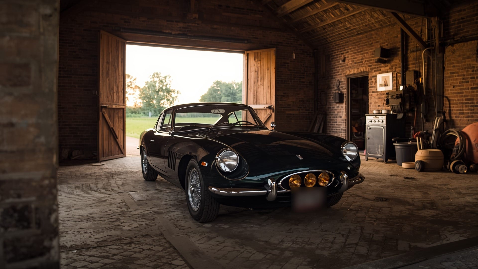 Symbolbild: dunkles Coupé der 1960er-Jahre in einer Scheune aus Backstein